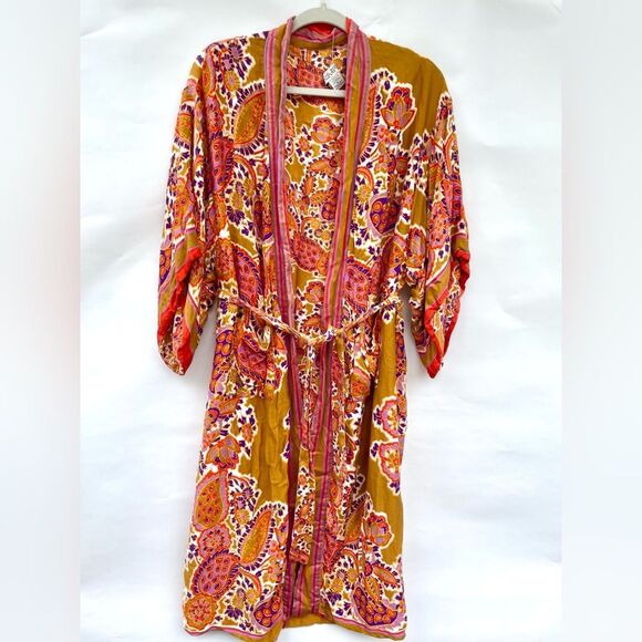 Rachel Zoe Women's Floral Kimono Robe Size S Mustard Boho Chic - Picture 1 of 9